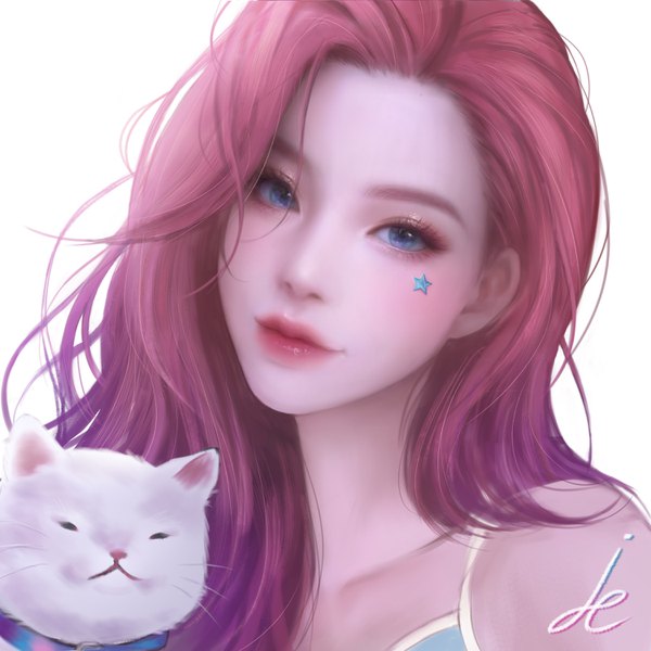 Anime picture 3000x3000 with league of legends seraphine (league of legends) pinker single long hair looking at viewer blush highres blue eyes simple background white background signed pink hair upper body head tilt lips realistic facial mark portrait eyeshadow