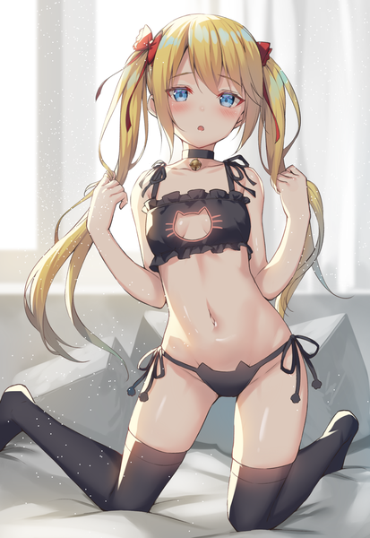 Anime picture 1460x2122 with original alexmaster single long hair tall image looking at viewer blush fringe open mouth blue eyes light erotic blonde hair twintails payot full body indoors arms up :o cat girl underwear only