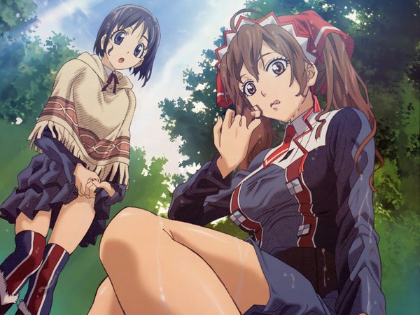 Anime picture 1600x1200 with valkyria chronicles alicia melchiott isara gunther watanabe atsuko long hair looking at viewer short hair open mouth black hair brown hair standing sitting purple eyes multiple girls brown eyes sky cloud (clouds) arm up bare legs from below