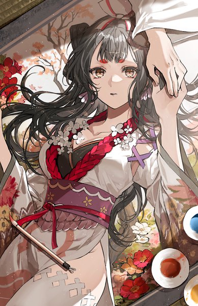 Anime picture 2073x3200 with onmyoji kachou fuugetsu (onmyoji) kuga huna long hair tall image highres black hair brown eyes traditional clothes holding hands solo focus eyebrows girl thighhighs flower (flowers) ribbon (ribbons) hair ribbon white thighhighs obi picture
