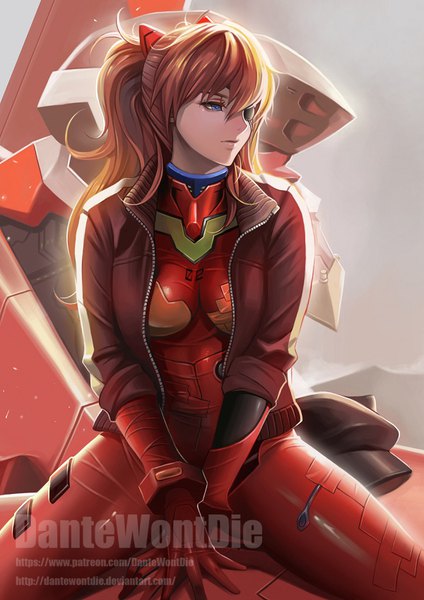 Anime-Bild 600x849 mit neon genesis evangelion gainax soryu asuka langley shikinami asuka langley eva 02 dantewontdie single long hair tall image fringe blue eyes hair between eyes sitting twintails signed looking away orange hair grey background open jacket spread legs