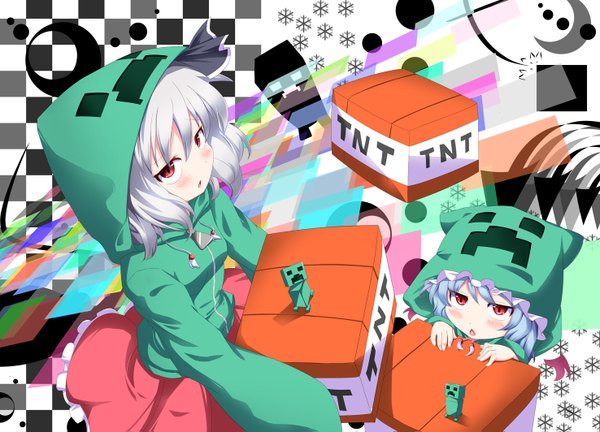 Anime picture 1476x1063 with touhou minecraft remilia scarlet konpaku youmu meracle (artist) blush short hair red eyes multiple girls blue hair white hair girl 2 girls hood child (children) tnt block (minecraft)