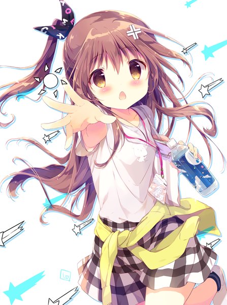 Anime picture 670x900 with original shiratama (shiratamaco) single long hair tall image blush open mouth brown hair white background yellow eyes bent knee (knees) side ponytail plaid skirt outstretched hand girl skirt bow hair bow socks white socks