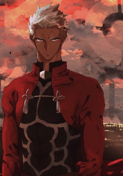 Anime picture 718x1024 with fate (series) fate/stay night archer (fate) oo taka single tall image looking at viewer short hair standing silver hair upper body outdoors dark skin boy tassel