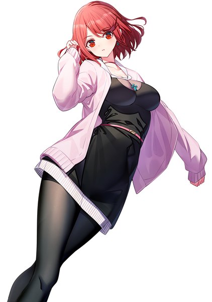 Anime picture 900x1281 with xenoblade xenoblade 2 pyra (xenoblade) ririko (zhuoyandesailaer) single tall image looking at viewer blush fringe short hair breasts open mouth simple background hair between eyes red eyes standing white background red hair long sleeves arm up