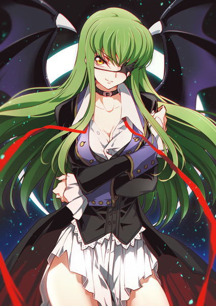 Anime-Bild 800x1130 mit code geass sunrise (studio) c.c. creayus single long hair tall image looking at viewer fringe breasts light erotic smile hair between eyes standing yellow eyes payot cleavage long sleeves parted lips green hair