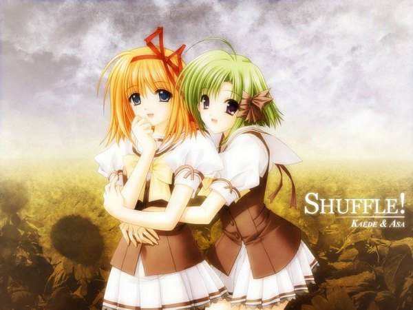 Anime picture 1024x768 with shuffle! fuyou kaede shigure asa suzuhira hiro nishimata aoi james hildenbrand (redxxii) short hair open mouth blue eyes blonde hair standing purple eyes multiple girls cloud (clouds) outdoors :d pleated skirt green hair copyright name character names