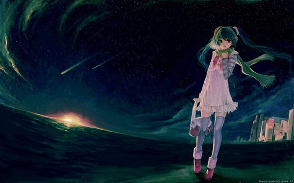 Anime picture 1440x900 with vocaloid hatsune miku silverwing single wide image twintails sky wind night night sky winter exhalation space girl thighhighs scarf bag