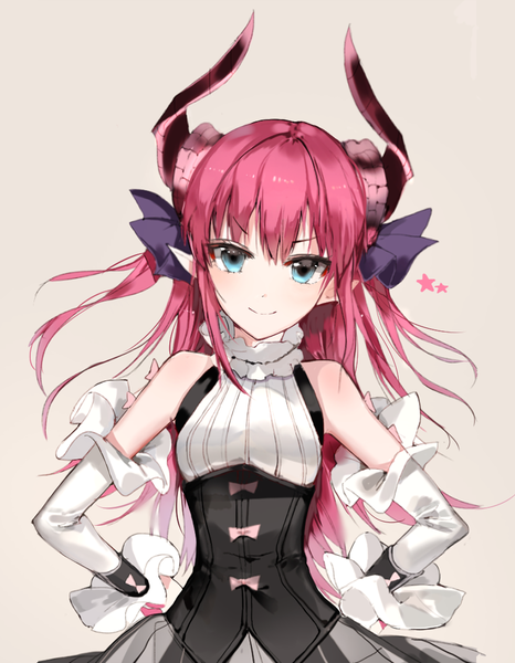 Anime picture 854x1100 with fate (series) fate/extra fate/extra ccc elizabeth bathory (fate) (all) elizabeth bathory (fate) naru (ul) single long hair tall image looking at viewer blue eyes simple background smile bare shoulders pink hair upper body head tilt horn (horns) pointy ears grey background