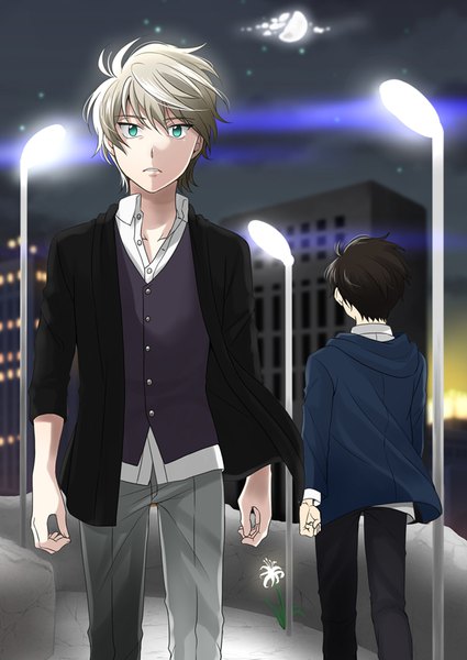 Anime picture 700x989 with aldnoah.zero a-1 pictures slaine troyard kaizuka inaho shikasuga (homojina) tall image looking at viewer fringe short hair black hair blonde hair hair between eyes standing cloud (clouds) outdoors parted lips aqua eyes from behind night multiple boys
