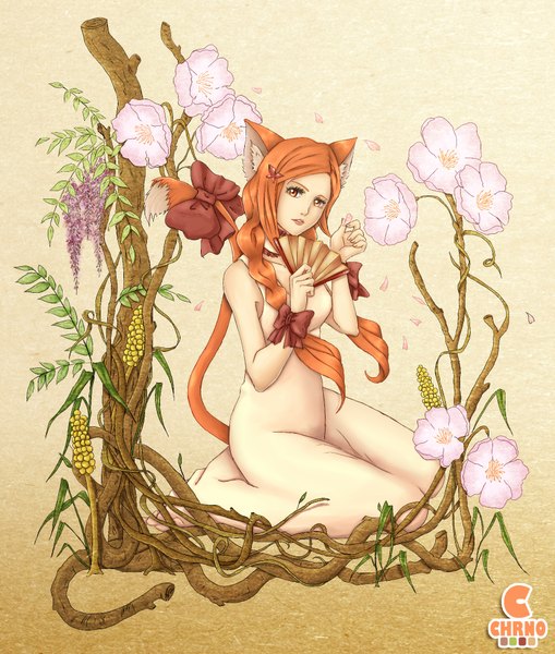 Anime picture 1697x2000 with lchrno single long hair tall image looking at viewer animal ears tail animal tail cat ears orange hair cat girl cat tail orange eyes girl dress flower (flowers) bow fan