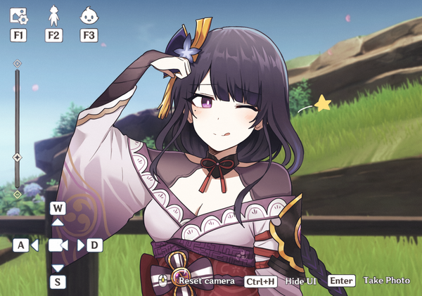 Anime picture 1600x1122 with genshin impact raiden shogun lix single long hair looking at viewer blush fringe breasts black hair purple eyes sky cleavage upper body blunt bangs braid (braids) long sleeves traditional clothes japanese clothes one eye closed