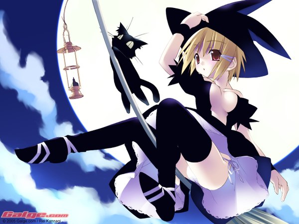 Anime picture 1280x960 with galge.com kannagi rei single short hair light erotic blonde hair sitting brown eyes looking away sky cloud (clouds) full body outdoors night from below short sleeves flying adjusting hat witch broom riding