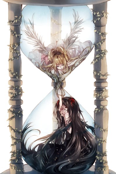 Anime picture 740x1112 with original tsukioka tsukiho tall image fringe black hair blonde hair red eyes white background twintails multiple girls ponytail very long hair tears holding hands black wings white wings girl dress 2 girls plant (plants)