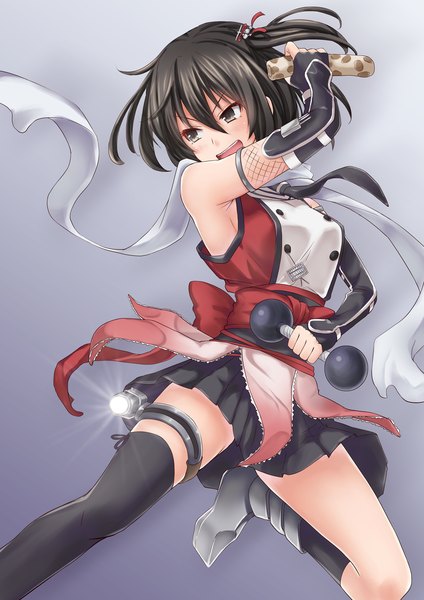 Anime picture 1131x1600 with kantai collection sendai light cruiser anti (0324) single tall image blush short hair open mouth black hair bare shoulders pleated skirt black eyes teeth two side up girl thighhighs skirt gloves hair ornament black thighhighs