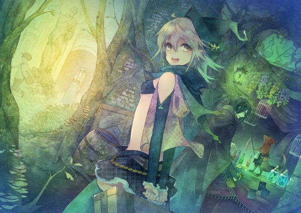 Anime picture 1600x1131 with original kuroyuki short hair open mouth black hair blonde hair yellow eyes profile looking back pointy ears silhouette running girl thighhighs boy hair ornament plant (plants) detached sleeves miniskirt tree (trees)