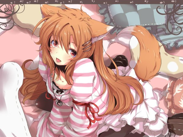 Anime picture 1200x900 with nejime red eyes brown hair animal ears tail cat girl girl hair ornament ribbon (ribbons) hairclip pillow