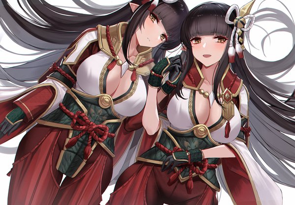 Anime picture 2160x1500 with monster hunter monster hunter rise hinoa minoto eternity (shadeh) long hair looking at viewer fringe highres breasts open mouth light erotic black hair simple background smile large breasts multiple girls yellow eyes payot cleavage