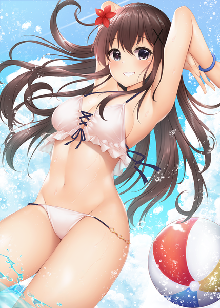 Anime picture 1200x1678 with original minato (ojitan gozaru) single long hair tall image looking at viewer blush fringe breasts light erotic smile hair between eyes brown hair standing payot sky cleavage cloud (clouds) outdoors hair flower
