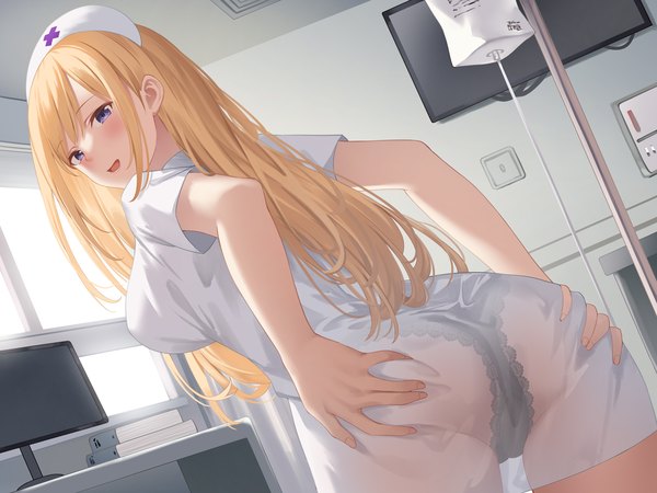 Anime picture 1600x1200 with original suzuame yatsumi single long hair looking at viewer blush fringe breasts open mouth light erotic blonde hair smile large breasts standing purple eyes indoors :d from behind from below short sleeves