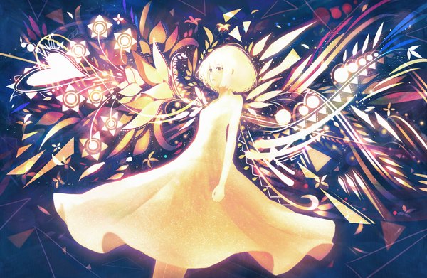 Anime picture 1715x1119 with original bounin single looking at viewer highres short hair blonde hair brown eyes parted lips glowing abstract girl dress yellow dress