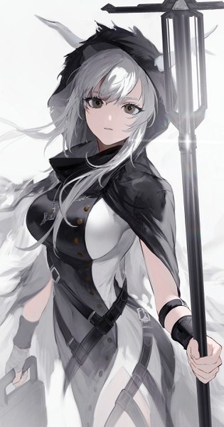 Anime picture 1282x2437 with arknights shining (arknights) hoojiro single long hair tall image looking at viewer fringe breasts open mouth simple background hair between eyes large breasts standing white background holding animal ears payot silver hair grey eyes