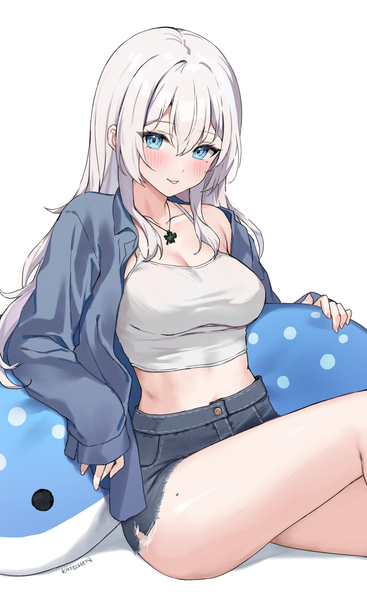 Anime picture 2888x4725 with original sanyu (ry thae) kaetzchen single long hair tall image looking at viewer blush fringe highres breasts blue eyes light erotic simple background hair between eyes white background sitting signed cleavage white hair