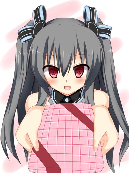 Anime picture 1000x1341 with choujigen game neptune uni (choujigen game neptune) tamaki (tamaki pic) single long hair tall image looking at viewer blush open mouth black hair red eyes bare shoulders girl bow hair bow gift