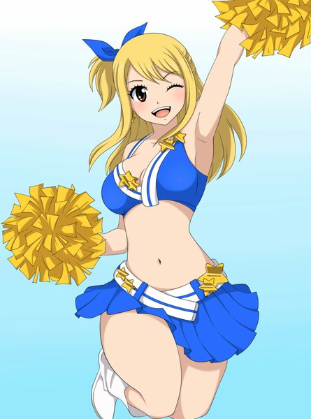 Anime picture 1520x2048 with fairy tail lucy heartfilia sophie4391 single long hair tall image blush open mouth light erotic blonde hair smile white background brown eyes one eye closed wink bare belly armpit (armpits) midriff one side up gradient background