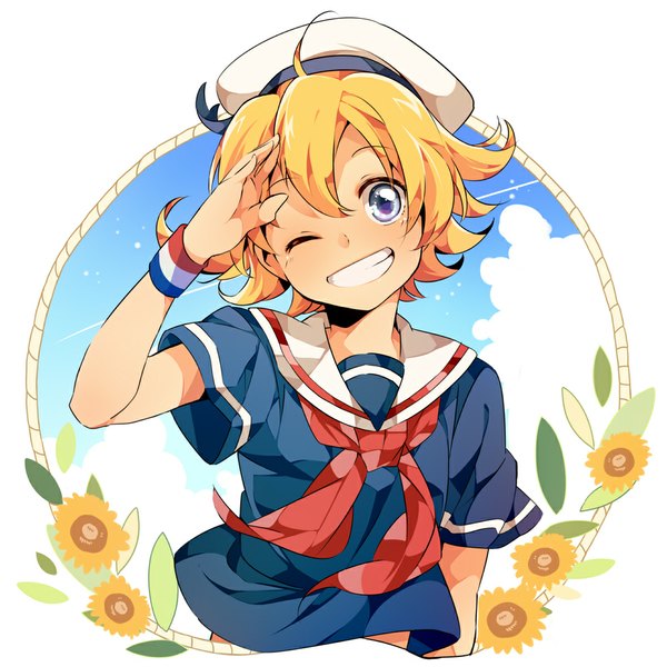 Anime picture 1000x1000 with original umiko (munemiu) single looking at viewer short hair blue eyes blonde hair smile sky cloud (clouds) ahoge one eye closed wink salute boy beret sailor suit sunflower