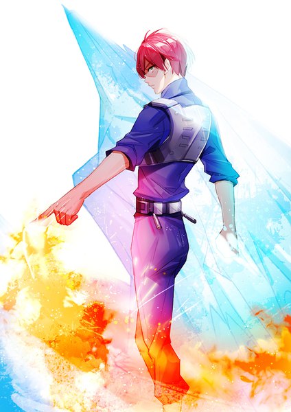 Anime picture 1024x1448 with boku no hero academia studio bones todoroki shouto kitsune (pixiv5601263) single tall image looking at viewer short hair standing white background red hair profile multicolored hair two-tone hair scar boy belt fire ice