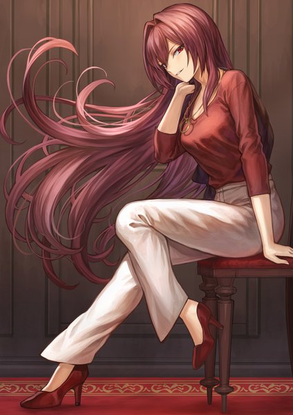 Anime picture 1302x1842 with fate (series) fate/grand order scathach (fate) (all) scathach (fate) mashuu (neko no oyashiro) single tall image looking at viewer blush fringe breasts hair between eyes red eyes sitting full body bent knee (knees) red hair indoors very long hair parted lips