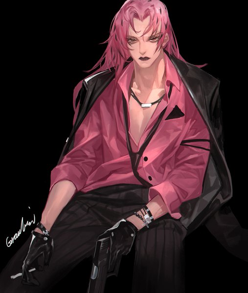 Anime picture 1500x1776 with jojo no kimyou na bouken diavolo grandialee single long hair tall image simple background sitting pink hair pink eyes lipstick black background clothes on shoulders boy gloves weapon shirt black gloves necktie bracelet