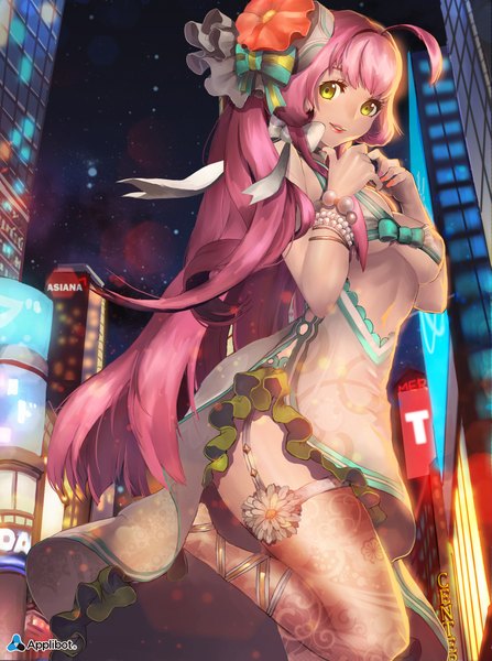 Anime picture 1757x2358 with original nal (artist) single long hair tall image highres light erotic yellow eyes pink hair legs girl thighhighs bracelet beads