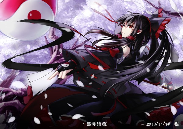 Anime picture 1748x1240 with touhou hakurei reimu langlang single long hair highres black hair red eyes looking away ponytail cherry blossoms alternate color girl dress bow plant (plants) hair bow detached sleeves petals tree (trees)