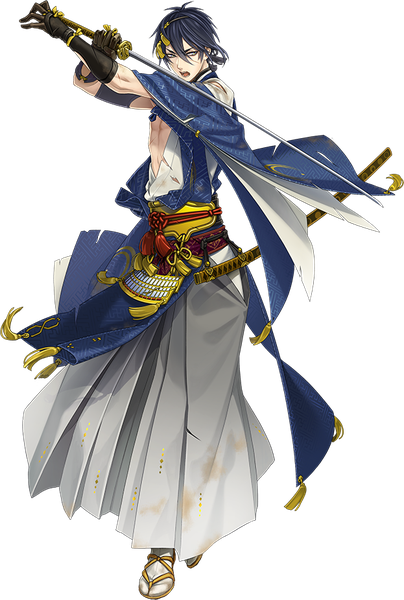Anime picture 623x925 with touken ranbu nitroplus mikazuki munechika ipev single tall image short hair open mouth blue eyes black hair looking away full body traditional clothes japanese clothes official art torn clothes transparent background fighting stance boy hair ornament