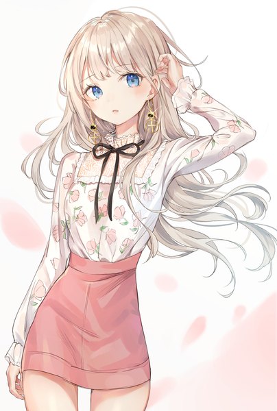 Anime picture 1509x2240 with original nabi (uz02) single long hair tall image looking at viewer blush fringe breasts open mouth blue eyes simple background standing white background silver hair blunt bangs long sleeves arm up floating hair floral print