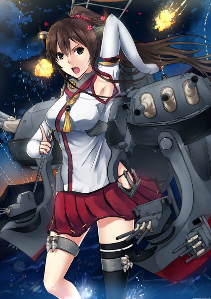 Anime picture 1024x1448 with kantai collection yamato super battleship swordwaltz single long hair tall image open mouth brown hair brown eyes ponytail hair flower girl thighhighs skirt hair ornament flower (flowers) weapon single thighhigh