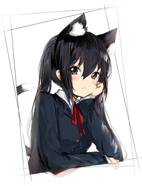 Anime picture 1500x1967 with k-on! kyoto animation nakano azusa silver (chenwen) single long hair tall image looking at viewer blush fringe black hair simple background hair between eyes white background twintails brown eyes animal ears payot upper body tail