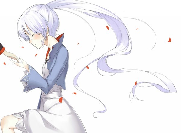 Anime picture 1500x1100 with rwby rooster teeth weiss schnee feng ze long hair blush highres simple background white background white hair ponytail eyes closed kneeling girl dress petals