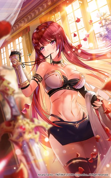 Anime picture 1200x1920 with arcana tactics apple caramel single long hair tall image blush fringe breasts large breasts standing bare shoulders holding looking away cleavage red hair indoors blunt bangs pink eyes arm up sunlight