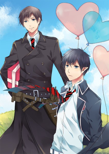 Anime picture 636x900 with ao no exorcist a-1 pictures okumura rin okumura yukio jaerika (artist) tall image looking at viewer fringe short hair blue eyes black hair hair between eyes brown hair standing holding sky wind pointy ears multiple boys siblings