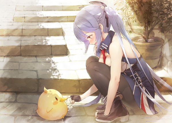 Anime picture 1260x900 with azur lane manjuu (azur lane) essex (azur lane) ek masato single long hair blush breasts open mouth red eyes large breasts twintails bare shoulders payot purple hair full body outdoors braid (braids) profile sunlight