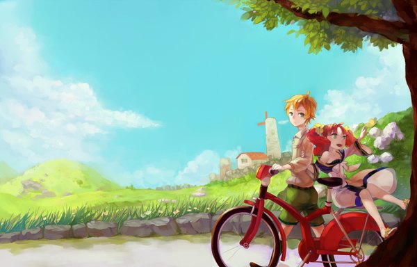 Anime picture 1400x898 with fractale nessa clain moyu (pixiv) short hair blue eyes blonde hair twintails bare shoulders red hair hair flower landscape girl dress boy hair ornament plant (plants) tree (trees) shorts ground vehicle
