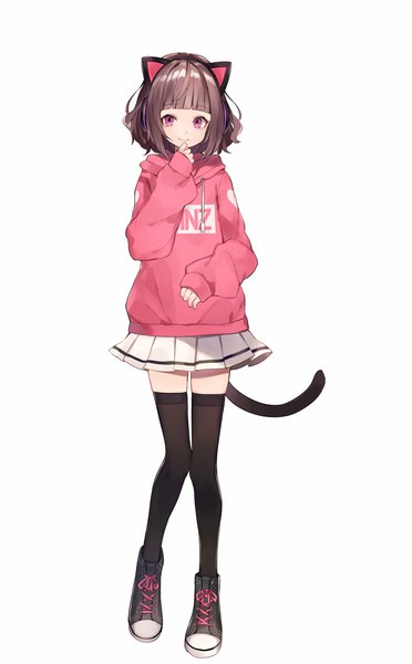 Anime picture 800x1288 with virtual youtuber kmnz liz kmnz liz (character) shugao single tall image looking at viewer fringe short hair simple background smile brown hair standing white background animal ears full body tail blunt bangs animal tail pleated skirt