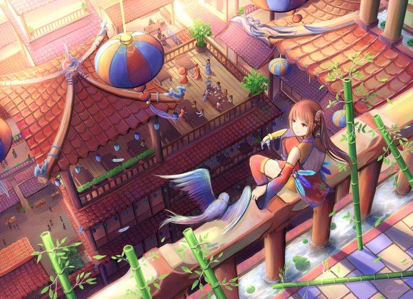 Anime picture 1920x1393 with original natsumoka misaera single long hair fringe highres brown hair sitting brown eyes from above wide sleeves fantasy girl hair ornament plant (plants) detached sleeves feather (feathers) lamp roof