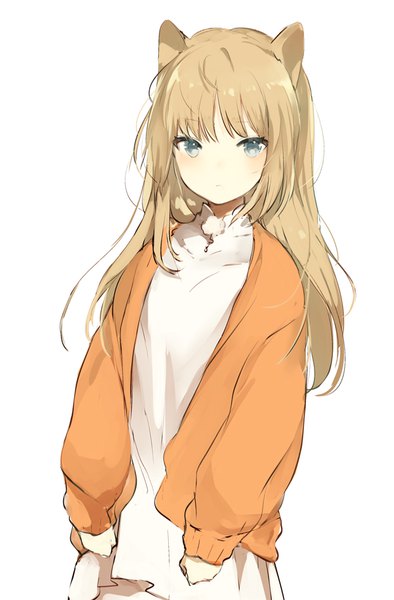 Anime picture 600x912 with original lpip single long hair tall image looking at viewer blush fringe blue eyes simple background blonde hair standing white background animal ears long sleeves open clothes expressionless girl dress white dress