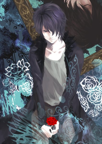 Anime picture 1149x1622 with ib (game) garry (ib) matsumoto (pixiv 1171609) single tall image fringe short hair black hair smile brown hair eyes closed hair over one eye grey eyes boy flower (flowers) rose (roses) picture