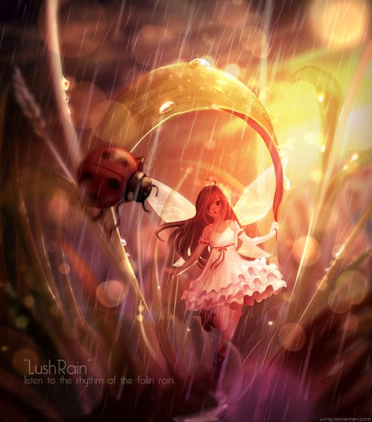 Anime picture 1200x1360 with original jurrig single long hair tall image looking at viewer fringe open mouth brown hair brown eyes hair over one eye lens flare rain fantasy fairy girl dress plant (plants) wings insect
