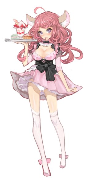 Anime picture 800x1600 with original koneko kosodate chuu single long hair tall image looking at viewer blush breasts open mouth light erotic large breasts animal ears pink hair cleavage ahoge teeth grey eyes fang (fangs) pantyshot waitress